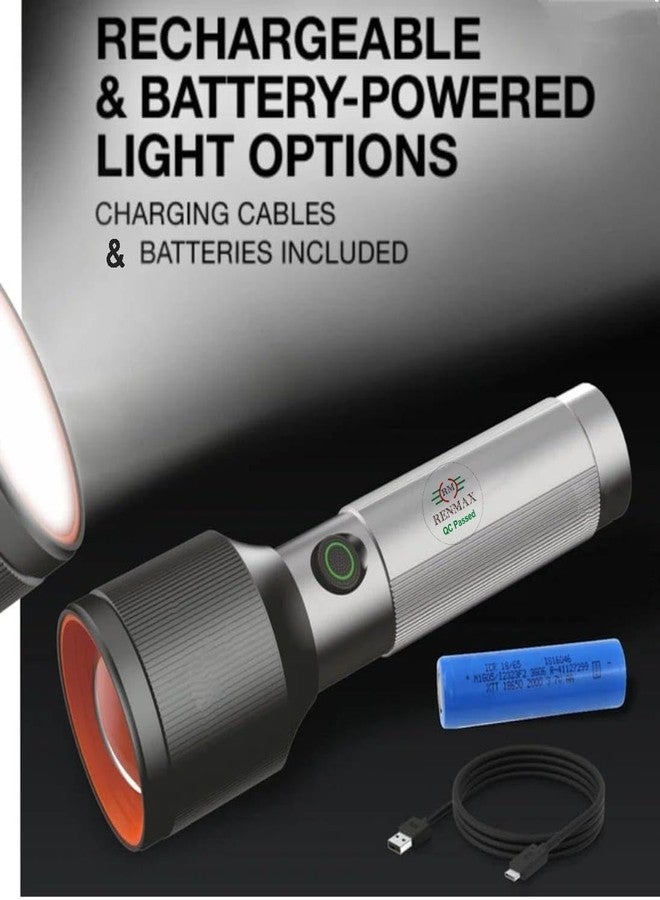 RENMAX Hand Torch Light 100W Zoom Focus Waterproof Rechargeable High/Low/Flash/SOS/Dimmable Light Modes LED Laser Flash Annodised Metal- 1Pc - Image 3